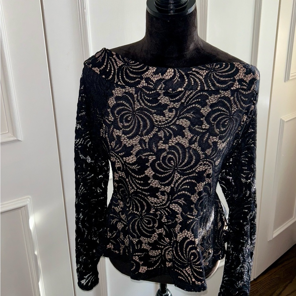 BCBGMaxAzria Black and Cream Lace Peplum Blouse